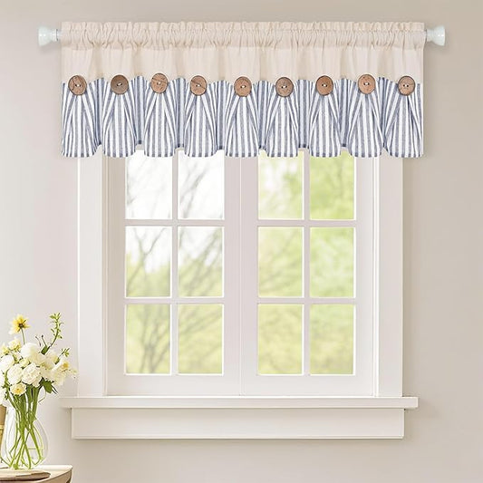 ASPMIZ Cotton Linen Kitchen Curtains Valance, Boho Rustic Button Valances for Windows Farmhouse Style, Blue Stripe Window Valances for Bathroom Cafe, Tie Up Valance for Kitchen Windows, 60 x 14 Inch