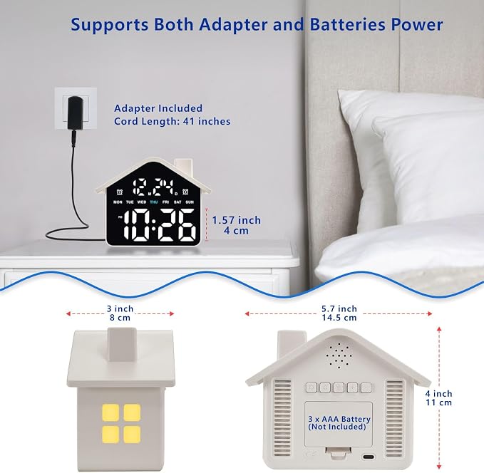 Plumeet Digital Alarm Clock, Bedroom Clock with Large Numbers, Date, Week, Dual Alarms, Dimmer and Ambient Light, House-Shaped Electric Bedside Desk Clock, Adapter Batteries Powered, White - Image 5