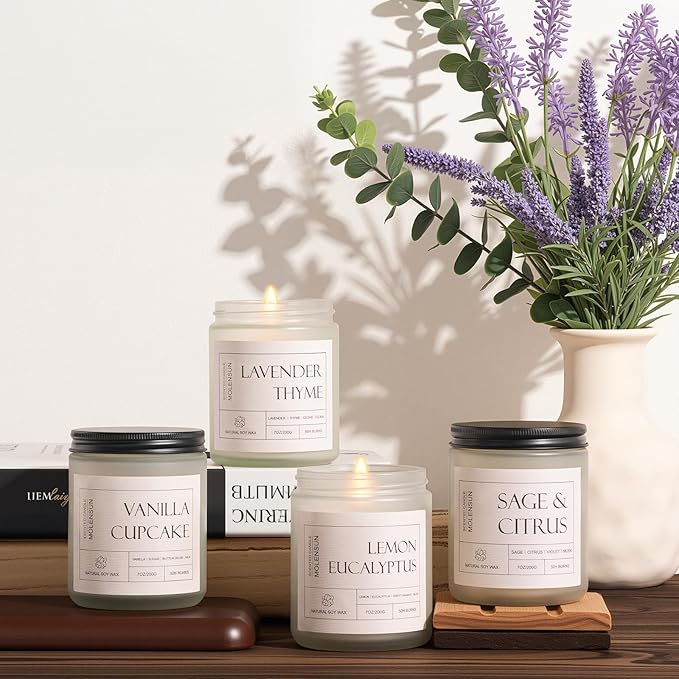 4 Pack Candles for Home Scented, 28 oz Long Lasting Candles, Soy Candle Set Gift for Women - Lavender Thyme/Lemon Eucalyptus/Sage &Citrus/Vanilla Cupcake