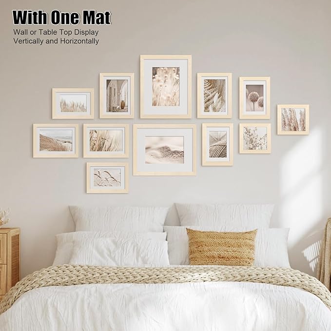 Egofine Picture Frame Set 12 Pack, Picture Frames Collage Wall Decor with Two 8x10, Four 5x7, Four 4x6, Two 4x4 for Wall and Tabletop, Made of Solid Wood, Covered by Plexiglass, Natural Wood