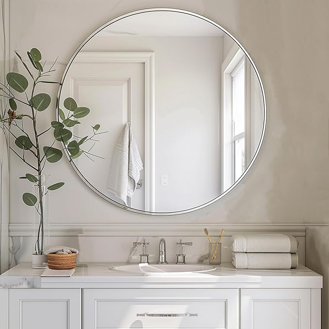 Sunniry Silver Circle Mirror, Round Mirror 20 inch, Round Wall Mirrors with Aluminum Frame, Circle Mirrors for Living Room, Bathroom, Wall, Hallway.