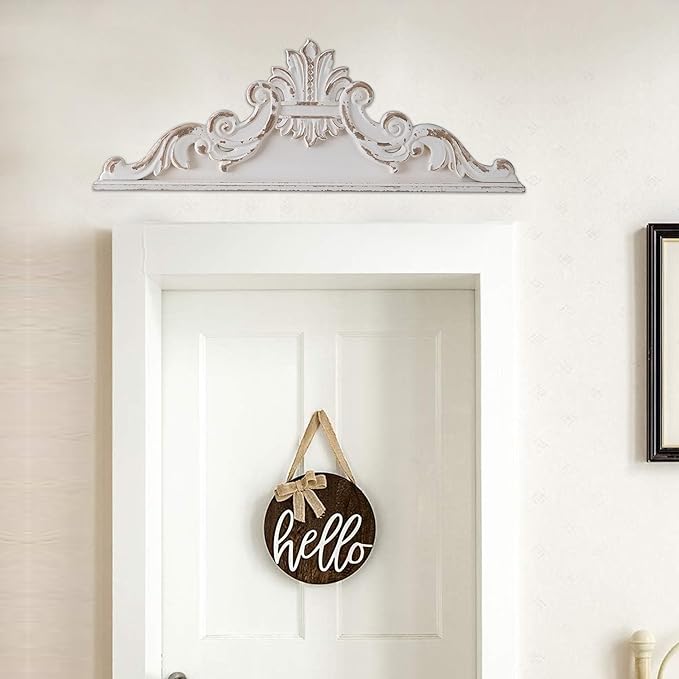 SOFE 39 inch Floral Carved Wall Sculptures French Country Wall Decor, Gorgeous Shabby Chic White Wood Wall Art, Arabesque Over The Door Decor for Farmhouse Living Room Bedroom Entryway Kitchen