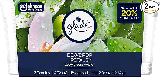 Glade 1-Wick Scented Candle Jar, Dewdrop Petals, Air Freshener Infused with Essential Oils, 4.08 Oz, 2 Count