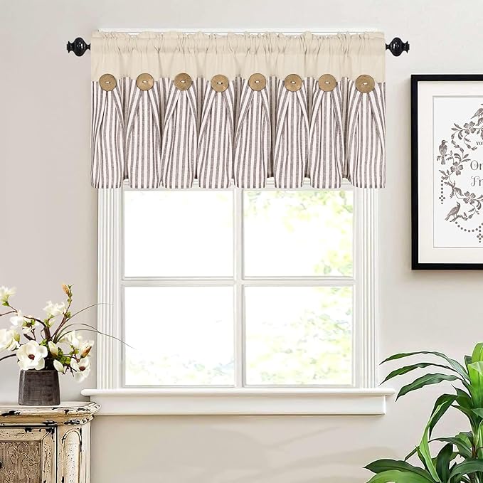 ASPMIZ Farmhouse Valances for Windows, Boho Kitchen Valances Curtains with Rustic Buttons, Brown Striped Window Valance for Living Room, Cotton Linen Valance for Bathroom, 52 x 18 Inches