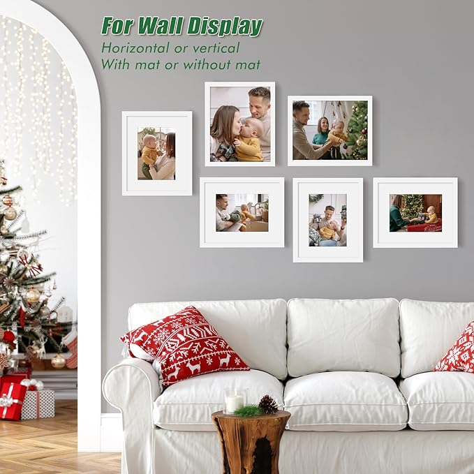 KINLINK 8x10 Picture Frame White Set of 6, Wooden Photo Frames Matted 5x7 with Plexiglass for 5x7 with Mat or 8x10 without Mat for Table and Wall Display