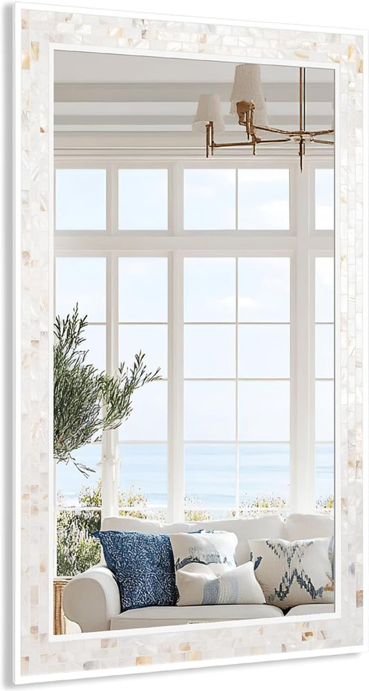 Tanmicoshomy 20x 28 Inch Rectangle Wall Mirror, Natural Shell Framed Rectangular Mirror for Bathroom, Vanity, Bedroom, Living Room, Entryway, Wall Mounted Horizontal or Vertical, White