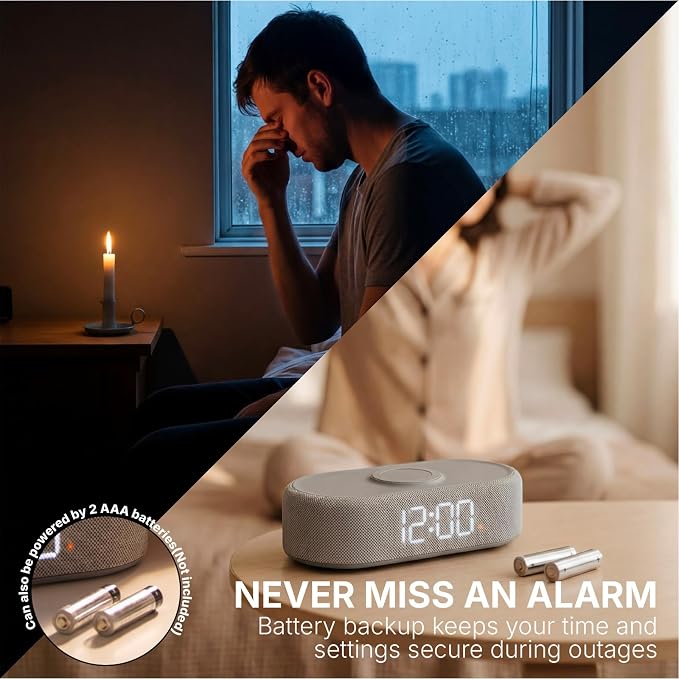 Fabric Digital Alarm Clock for Bedroom, Wireless Charging, Grey - Image 7