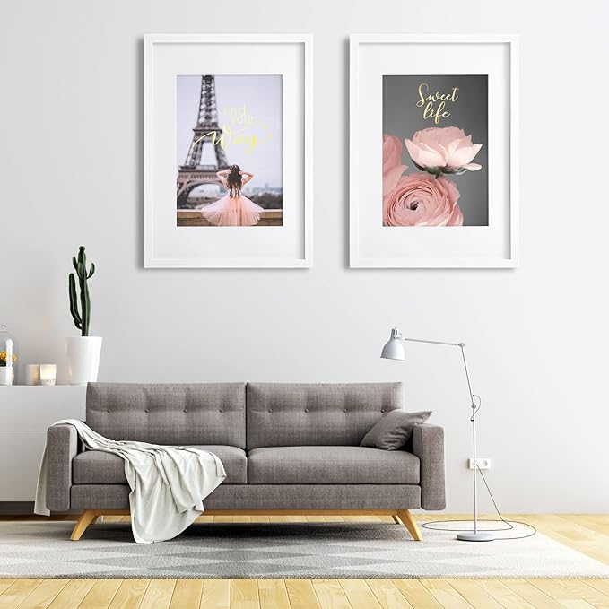 Egofine A2 Picture Frames Set of 2 Matted for A3 - Solid Wood Acrylic Plexiglass Front for Wall Mounting Hanging Vertically or Horizontally, White - 16.5 x 23.4 in