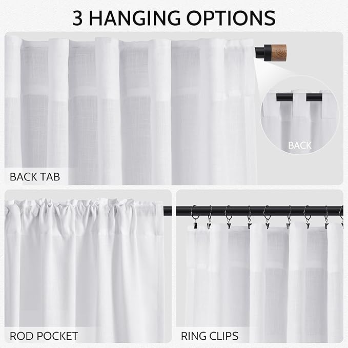 Nanspring Snow White Linen Curtains 84 Inch Length 2 Panels Set for Living Room Light Filtering Semi Sheer Curtain Back Tab Luxury Neutral Coastal Modern Farmhouse Decor Drapes for Bedroom 52x84