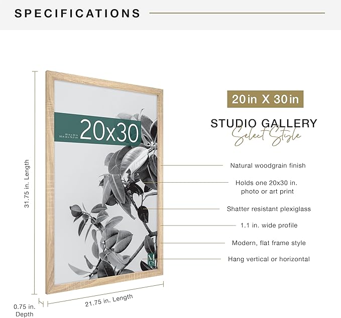 MCS Studio Gallery 20x30 Poster Frame Natural Woodgrain Engineered Wood, Vertical & Horizontal Wall Hanging Large Picture Frame for Photos, Posters & Art Prints (1-Pack)