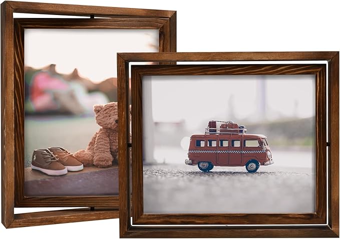 Egofine 2 Pack 8x10 Rotating Floating Picture Frames,Double-Sided Display with HD Glass Front Wooden Distressed Frame for Vertical or Horizontal Tabletop Display, Carbonization