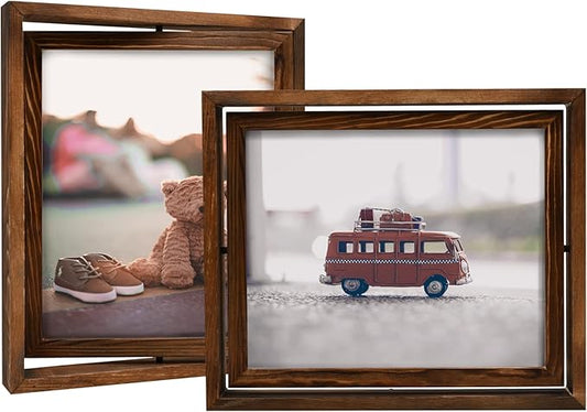 Egofine 2 Pack 8x10 Rotating Floating Picture Frames,Double-Sided Display with HD Glass Front Wooden Distressed Frame for Vertical or Horizontal Tabletop Display, Carbonization