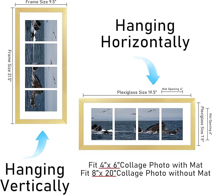 VIOLABBEY 8x20 Collage Picture Frame, Fits Four 4x6 Photos With Mat or One 8x20 Picture Without Mat for Wall Decor, Gold
