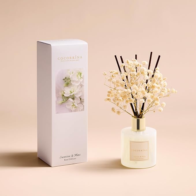 COCORR??NA Reed Diffuser - Jasmine & Mint 6.7 Fl.oz Reed Diffuser Set with Sticks & Preserved Baby's Breath, Reed Diffuser for Home Bathroom Shelf Decor