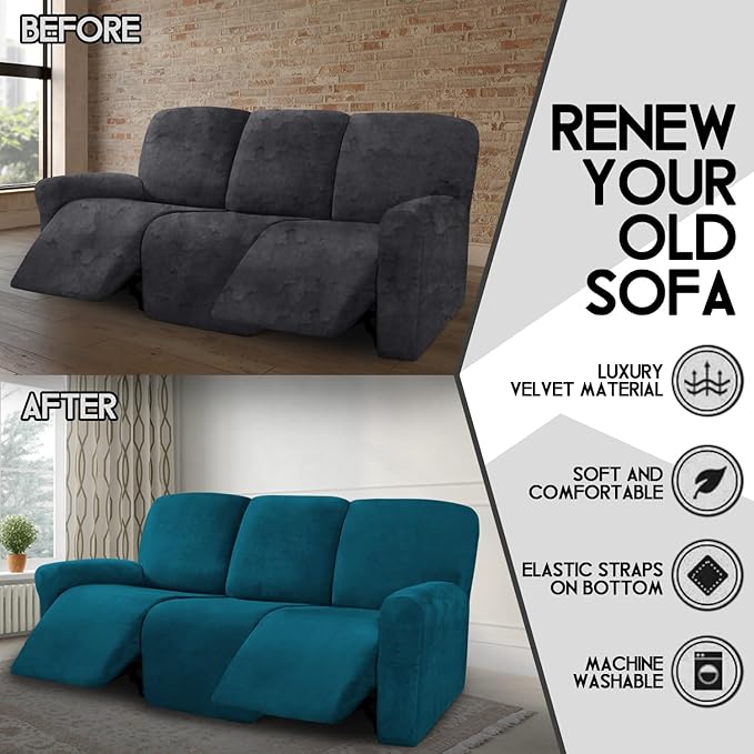 ULTICOR Velvet 8-Pieces Recliner Sofa Covers Stretch Reclining Couch Covers for 3 Cushion Reclining Sofa Slipcovers Furniture Covers Thick Soft Washable (3 Seater Recliner Cover, Deep Teal)