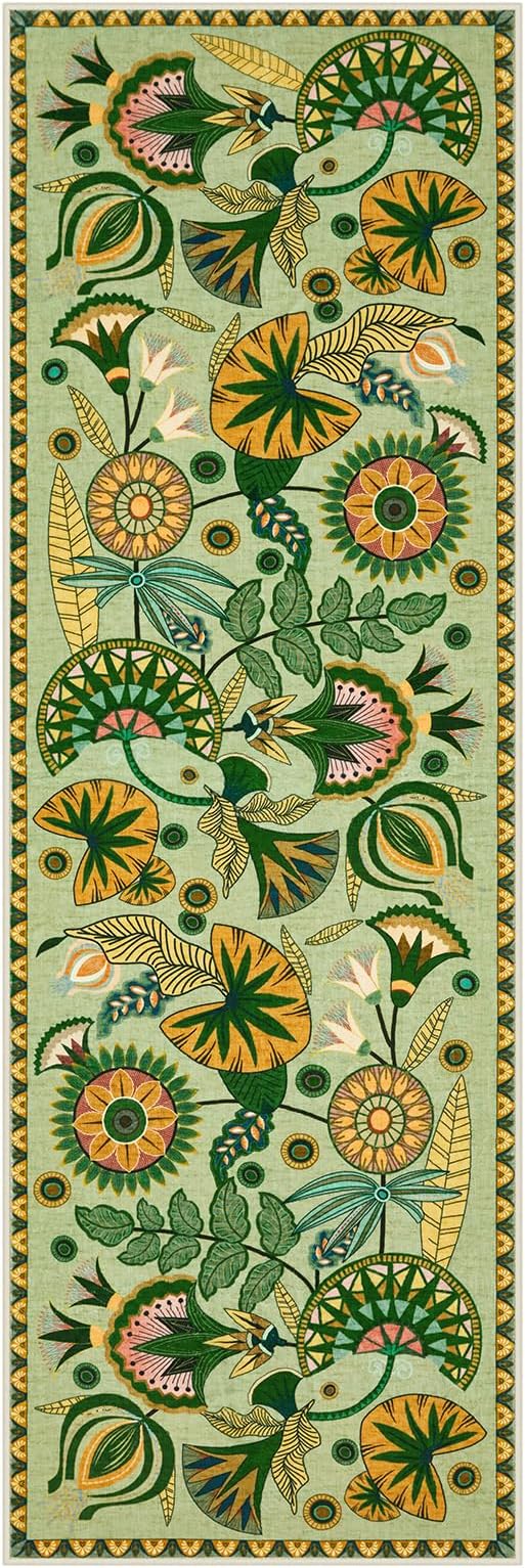 Joydeco Egypt Floral Boho 2x8 Hallway Bathroom Runner Rug, Washable Sage Green Soft Kitchen Rugs Runner Non Slip, Vintage Low Pile 8ft Long Carpet for Entrance Laundry Bath Room