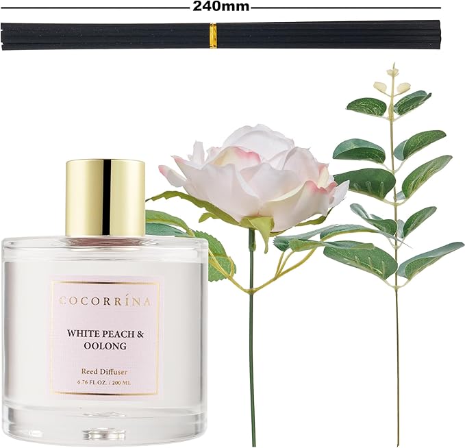 Cocorr??na Flower Reed Diffuser - White Peach& Oolong 6.7oz Scented Diffuser with Sticks Home Fragrance Essential Oil for Bathroom Shelf Decor (Artificial Flower)