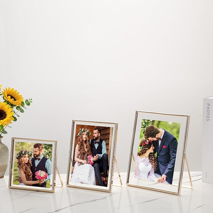 Gold Floating Picture Frames Set of 3, Metal Geometric Photo Frame with Glass Cover Includes(5x7'',4x6'', 5x5''),Tabletop Floating Picture Frames for Home Wedding Decoration,Gift for Christmas,Wedding