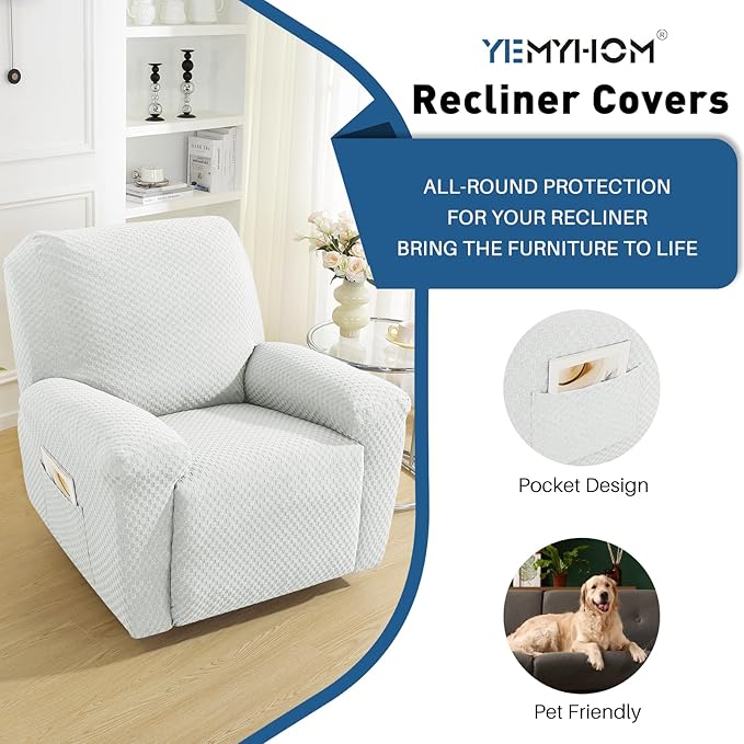 YEMYHOM 4 Pieces Stretch Recliner Slipcover Latest Jacquard Recliner Chair Cover with Side Pocket Anti-Slip Fitted Recliner Cover Couch Furniture Protector with Elastic Bottom (Recliner, White)
