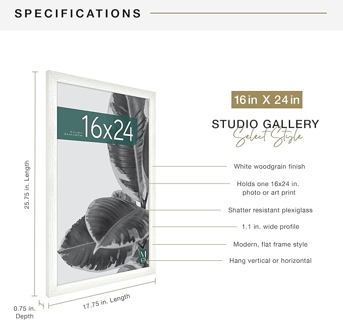 MCS Studio Gallery 16x24 Poster Frame White Woodgrain Engineered Wood, Vertical & Horizontal Wall Hanging Large Picture Frame for Photos, Posters & Art Prints (1-Pack)