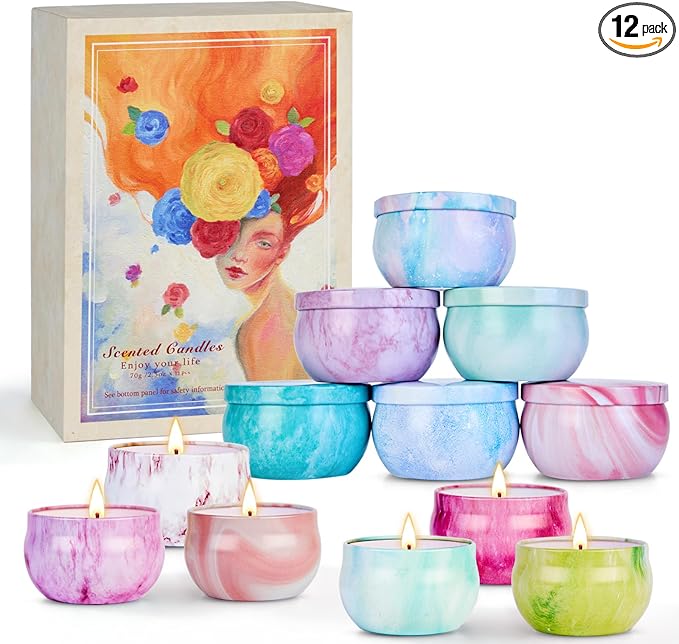 Scented Candles Gift Set for Women, 12 Pack Spring Summer Aromatherapy Candle 300 Hours Burning Time, French Artistic Soy Wax Candles Portable Tin Candle for Mom Birthday Mothers Day Gifts
