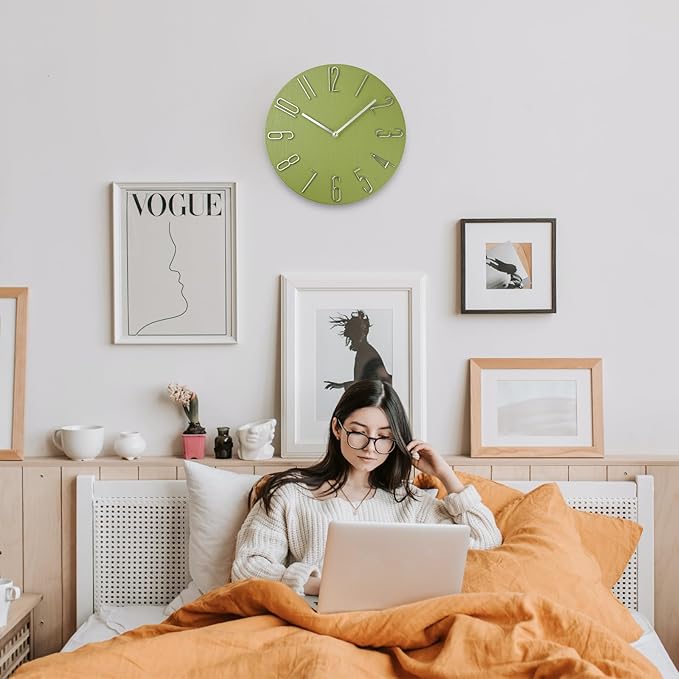 Wall Clock, Silent Clock, Wall Clocks Battery Operated??? 12 inch Modern Wall Clock, Suitable for Offices, Living Rooms, Kitchens, Homes, Schools (Yellow Green Without Second Hand)