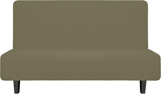 Easy-Going Stretch Futon Slipcover Armless Futon Bed Cover Furniture Protector Without Armrests with Elastic Bottom for Kids, Soft Jacquard Fabric Small Checks (Medium, Khaki)