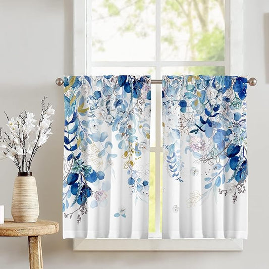 Blue Eucalyptus Leaves Kitchen Curtains Watercolor Plant Floral Curtains 39 Inches Spring Summer Blue and White Cafe Small Drapes Farmhouse for Bathroom RV Camper Light Filtering Rod Pocket 2 Panels