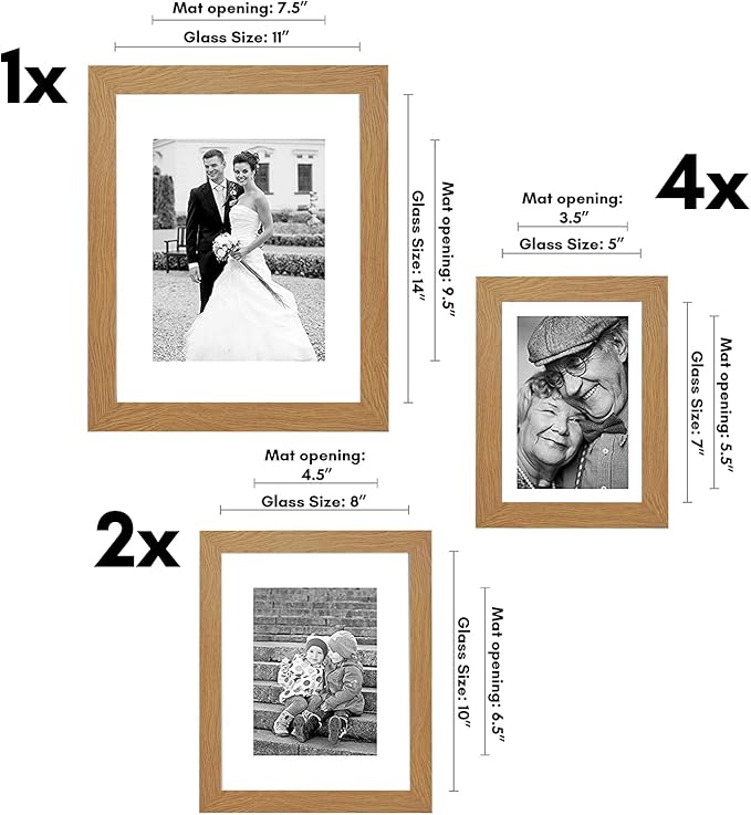 Americanflat Set of 7 Picture Frames with Shatter-Resistant Glass - Gallery Wall Frame Set with One 11x14, Two 8x10 and Four 5x7 Frames - Signature Collection - Dark Oak