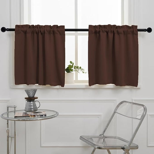 Pickluc Blackout Kitchen Curtain 24 Inches Long, Rod Pocket Cafe Tier Curtains for Small Window Treatment in Living Room, Basement, RVs, Cabinets, 2 Panels, W30 X L24 Inch, Cappuccino Brown
