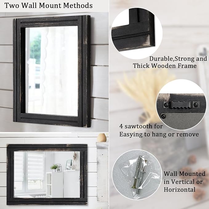 AAZZKANG Wall Mounted Mirror Small Rectangular Retro Mirrors with Wood Frame for Bedroom Living Room Bathroom Entryway Large 26"x18"