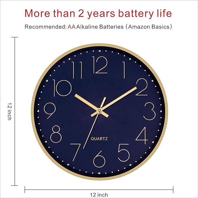 Foxtop Modern Wall Clock 12 Inch Silent Non-Ticking Battery Operated Round Quartz Gold Wall Clock for Living Room Bedroom Kitchen Office Classroom Decor (Dark Blue Dial)
