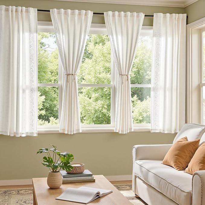 jinchan Winslow Lined Linen Curtains for Bedroom 63 Inches Linen Blended Embroidered Bordered Floral Curtains for Living Room Farmhouse Decor Window Treatments White on White Drapes 2 Panels