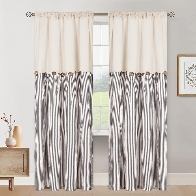 ASPMIZ Cotton Linen Farmhouse Curtains Boho Rustic Button Panel, Country Window Curtain & Drapes, Brown Stripe Modern Curtains for Living Room, Back Tab & Rod Pocket Curtain 52 x 84 Inch, 2 Panels