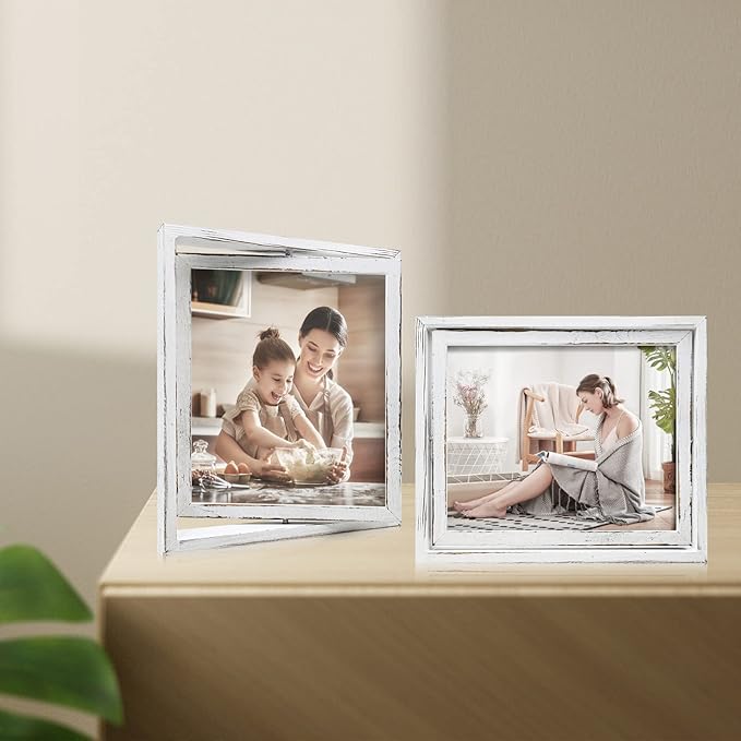 Egofine 2 Pack 8x10 Rotating Floating Picture Frames,Double-Sided Display with HD Glass Front Wooden Distressed Frame for Vertical or Horizontal Tabletop Display, White