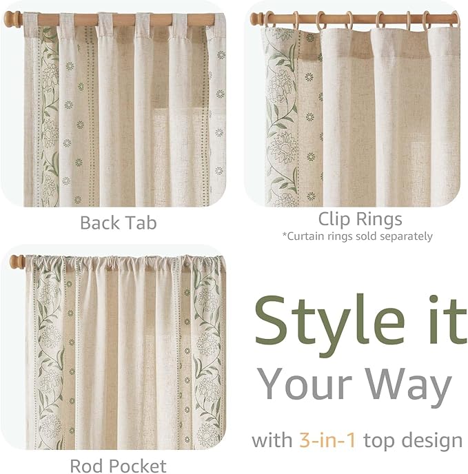 jinchan Winslow Linen Curtains for Bedroom 72 Inches Length Embroidered Bordered Floral Curtains for Living Room Farmhouse Decor Light Filtering Window Treatments Sage on Beige Drapes 2 Panels