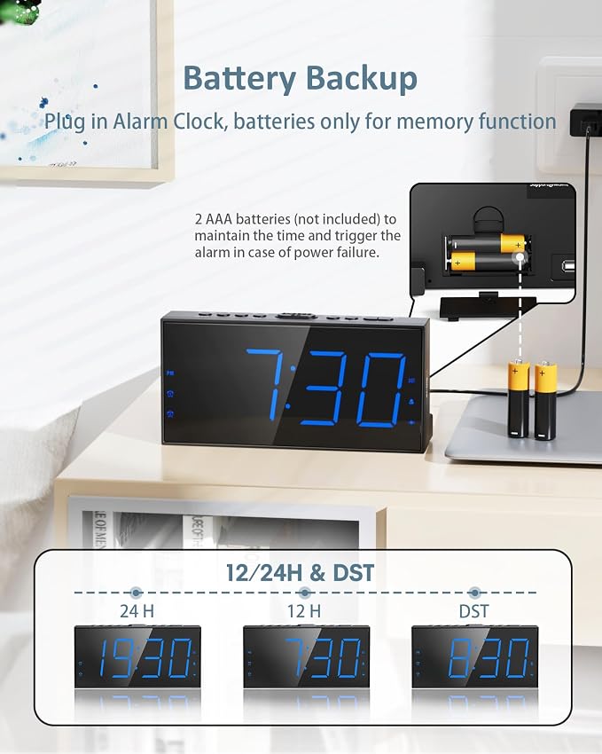 Alarm Clock with Bed Shaker, Vibrating Alarm Clock for Heavy Sleepers | Dual Alarms, 7.5’’ LED Display, Dimmer, USB Charging Port, Memory Function, Plug in Vibrator Clock for Hard of Hearing/Deaf - Image 6