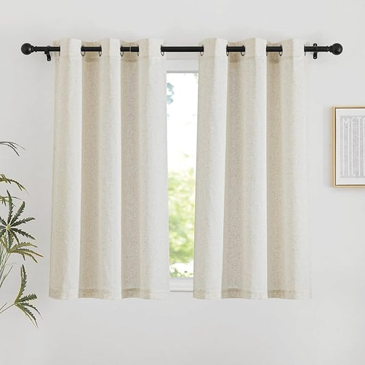 NICETOWN Natural Linen Short Curwtains 45 inches Long, Thick Flax Linen Window Treatments Privacy Assured with Light Filtering for Farmhouse/Bedroom, W42 x L45, 2 Panels