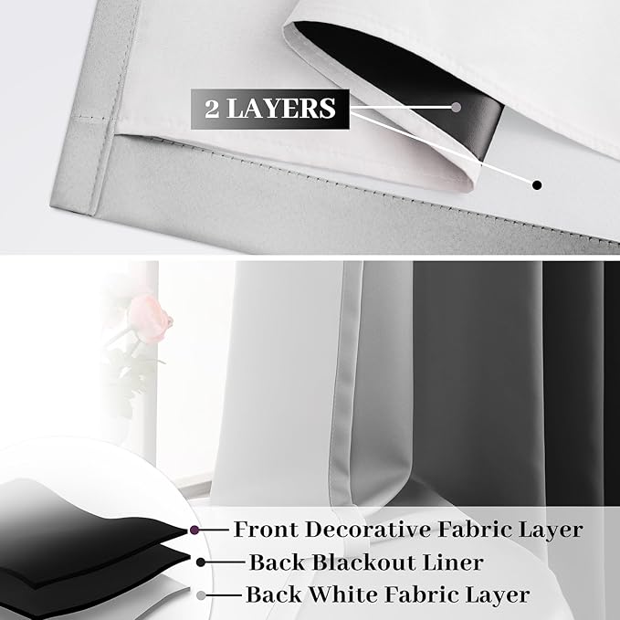 COSVIYA 100% Blackout Black Ombre Curtains for Bedroom with White Back, 2 Thick Layers Thermal Insulated Room Darkening Grommet Window Drapes, 52x63 Inch, 2 Panels