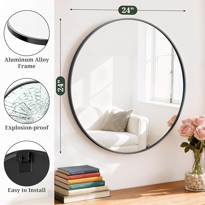 Round Wall Mirror 24 Inch Black Vanity Mirror with Metal Frame, Modern Circle for Bathroom, Entryway, Bedroom, Living Room, Wall Mounted Decorative Mirrors