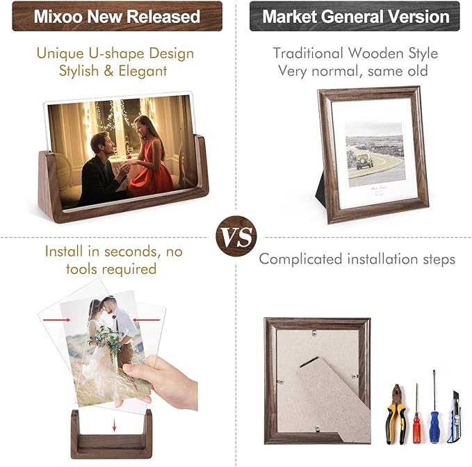 Mixoo 4x6 Picture Frame 2 Pack - Rustic Wooden Picture Frames with Walnut Wood Base and High Definition Break Free Acrylic Photo Covers for Tabletop or Desktop Display (Horizontal + Vertical)
