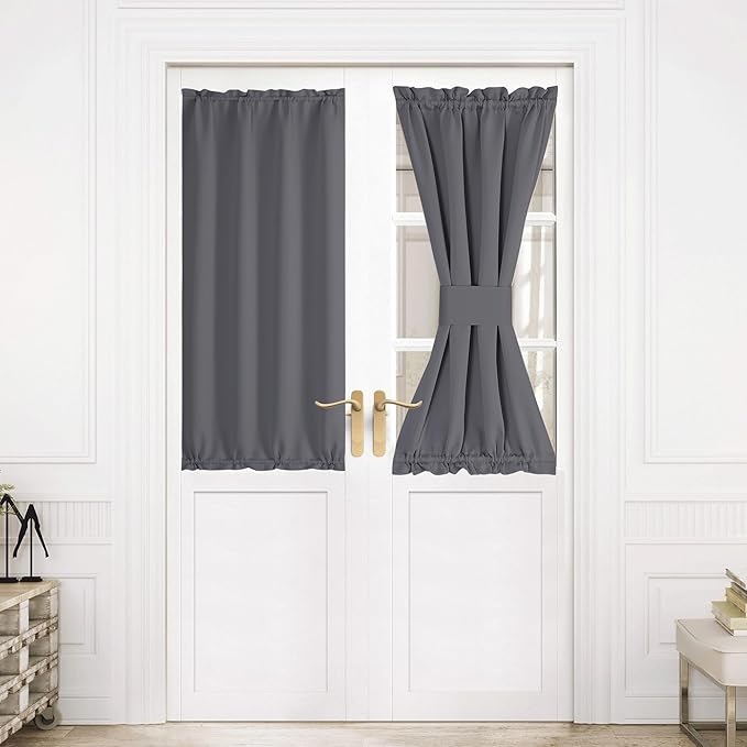NICETOWN Blackout Door Curtains, Rod Pocket Privacy Thermal Insulated Sidelight French Door Curtains with Tieback, Window Covering for Classroom, 1 Panel, 30 inch Wide x 50 inch Long, Grey