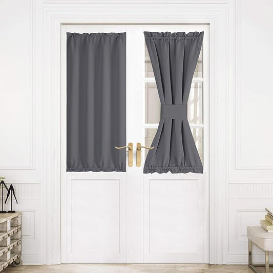 NICETOWN Blackout Door Curtains, Rod Pocket Privacy Thermal Insulated Sidelight French Door Curtains with Tieback, Window Covering for Classroom, 1 Panel, 30 inch Wide x 50 inch Long, Grey