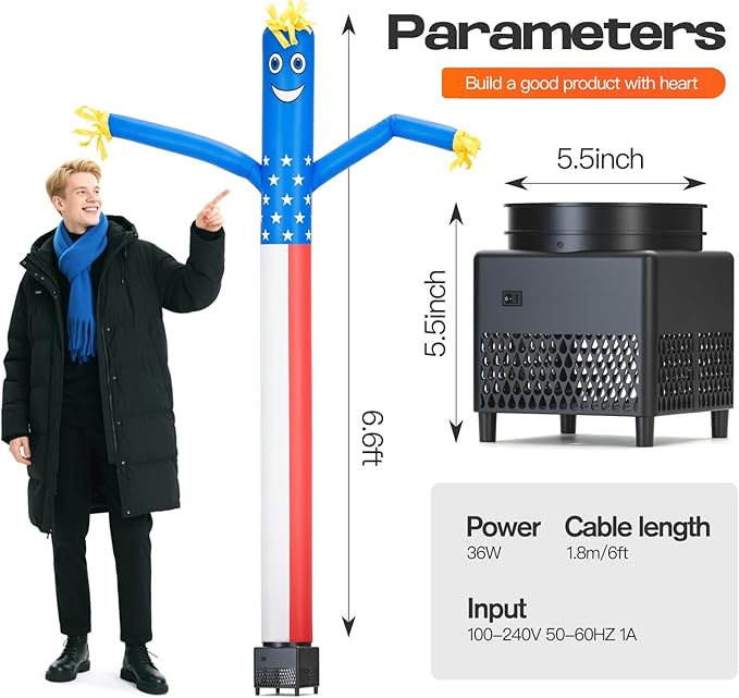 6ft Sky Air Puppet Dancer Inflatable Waving Tube Man with Lights & Built-in Blower - Wacky Waving Wind Flying Dancing Tube Guy for Business Promotion Stand Out Advertising