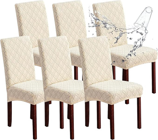 Genina Waterproof Chair Covers for Dining Room, Stretch Jacquard Dining Chair Slipcovers Removable Washable Chair Protector for Kitchen, Parsons (Jacquard-Beige, 6 PCS)