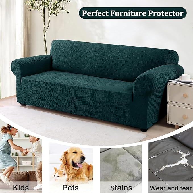XINEAGE New 1 Piece Couch Covers for 2 Cushion (55"-69") Stretch Loveseat Sofa Cover Slipcover Jacquard Universal Furniture Protector with Elastic Bottom for Kids,Dog (Loveseat, Blackish Green)