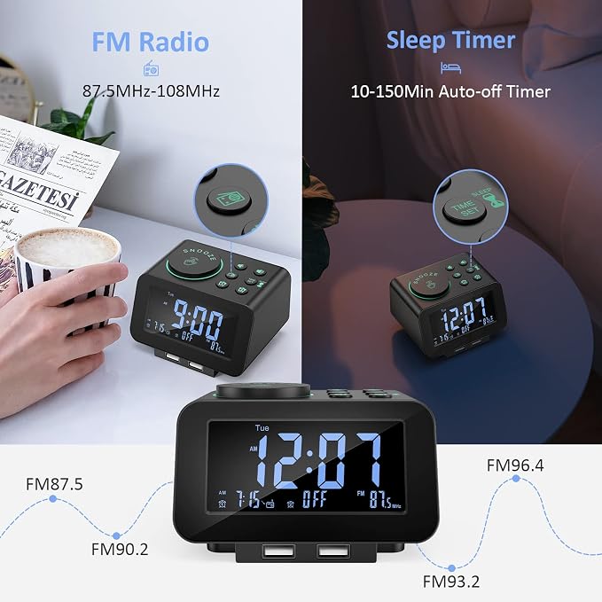uscce Digital Dual Alarm Clock Radio for Bedrooms with 0-100% Dimmer | FM Radio with Weekday/Weekend Mode & 2 USB Charging Port & 6 Sound Adjustable Volume & Sleep Timer Temperature Battery Backup - Image 4
