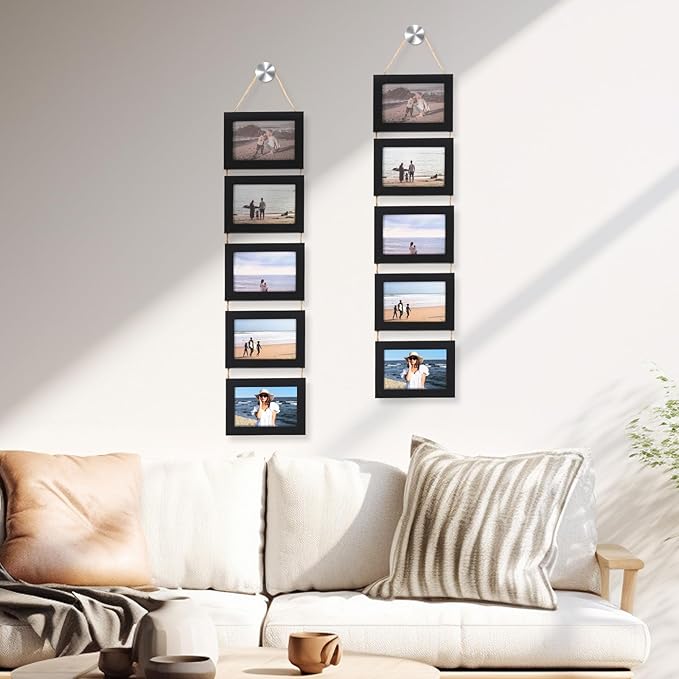2 Pcs 4x6 Wall Hanging Picture Frames Collage with 10 Openings Picture Frame Collage With Rope - Rustic Black, Casual Style Engineered Wood Frames - Wall Mount Only