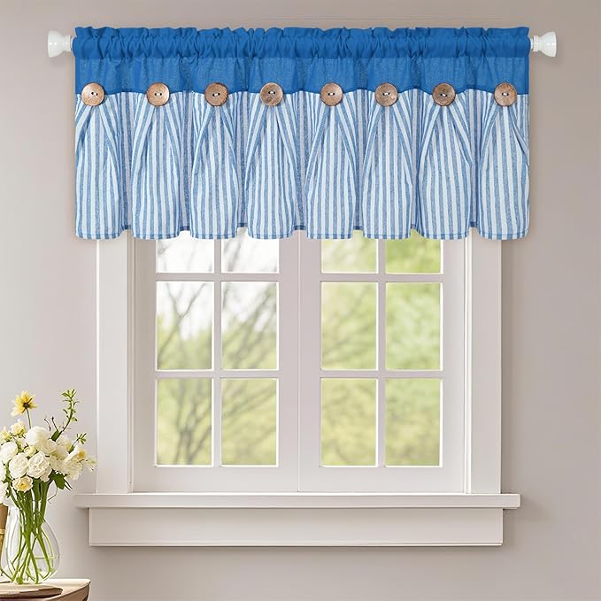 ASPMIZ Farmhouse Cotton Linen Valances for Windows, Boho Kitchen Curtains Valances with Rustic Button, Lake Blue Striped Window Treatments Curtain Valance for Bathroom Cafe, 52 x 18 Inch, 1 Pannel