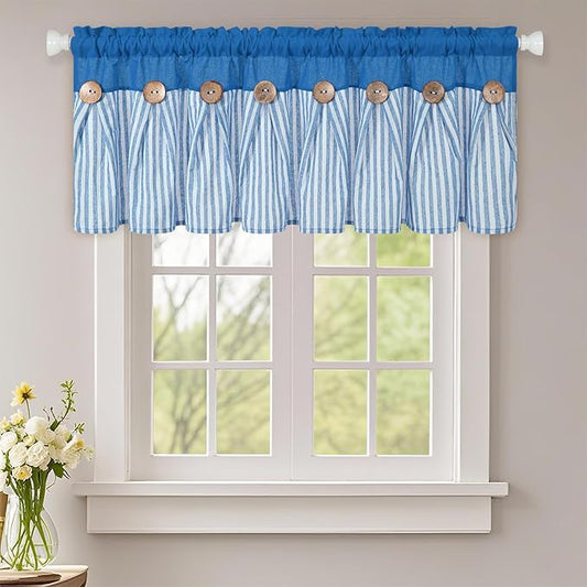 ASPMIZ Farmhouse Cotton Linen Valances for Windows, Boho Kitchen Curtains Valances with Rustic Button, Lake Blue Striped Window Treatments Curtain Valance for Bathroom Cafe, 52 x 18 Inch, 1 Pannel